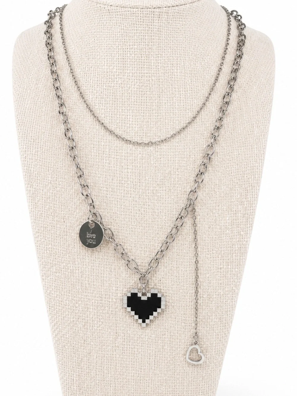 Layered Pixel Heart Necklace Love You Charm Silver Tone Minimalist Y2K Gift